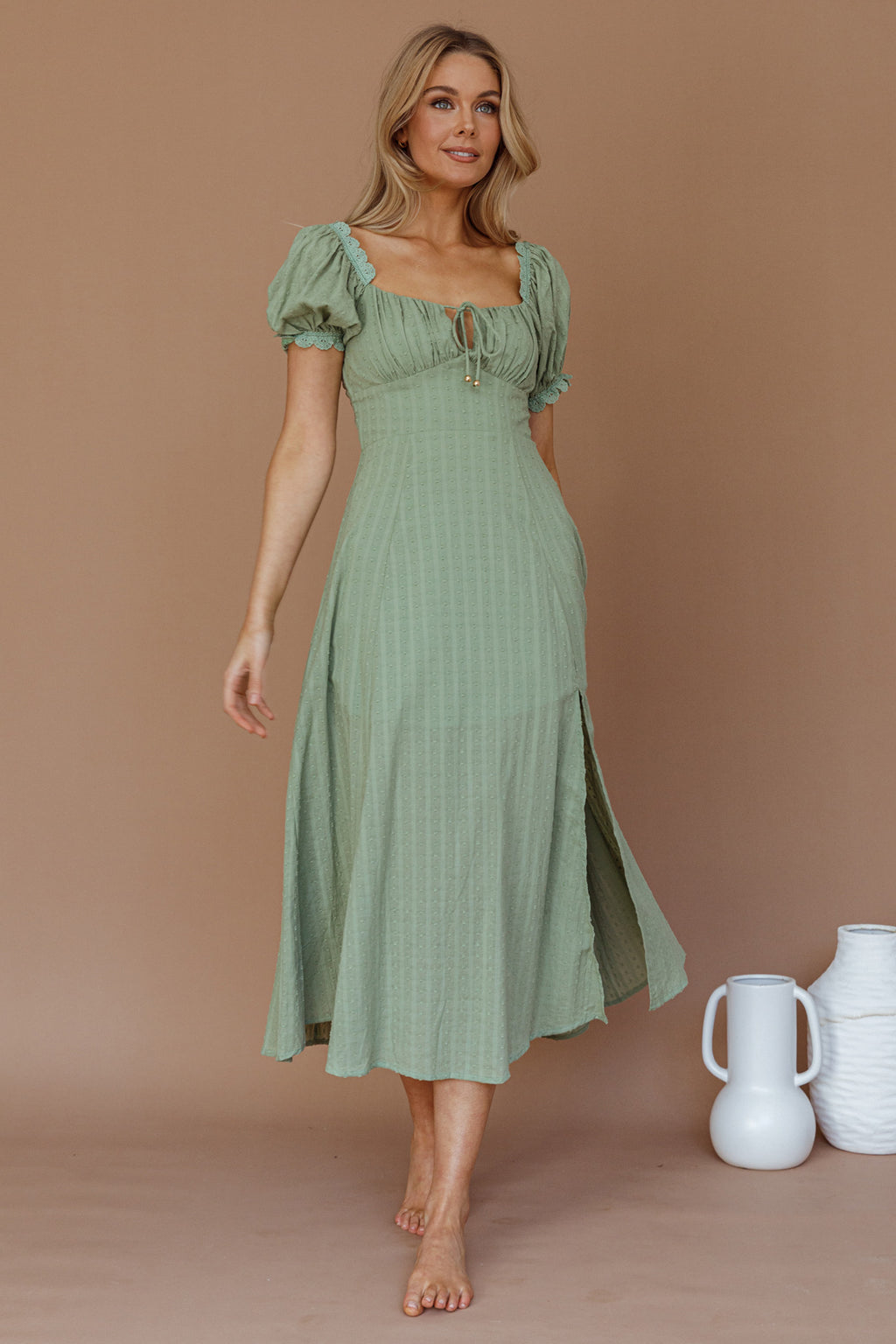 Chablis Gathered Bust Puff Sleeve Midi Dress Sage by Selfie Leslie Australia