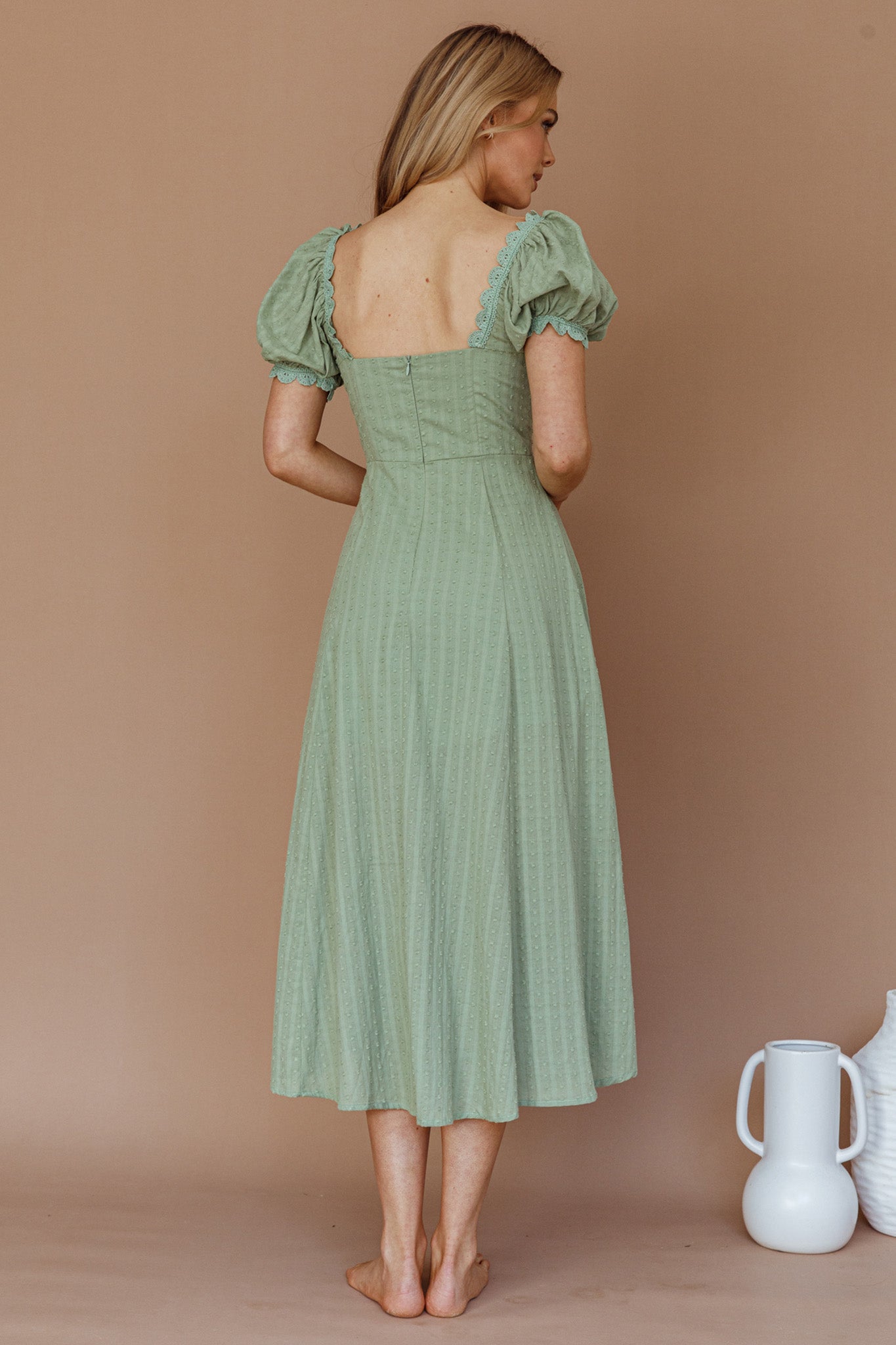 Chablis Gathered Bust Puff Sleeve Midi Dress Sage by Selfie Leslie Australia
