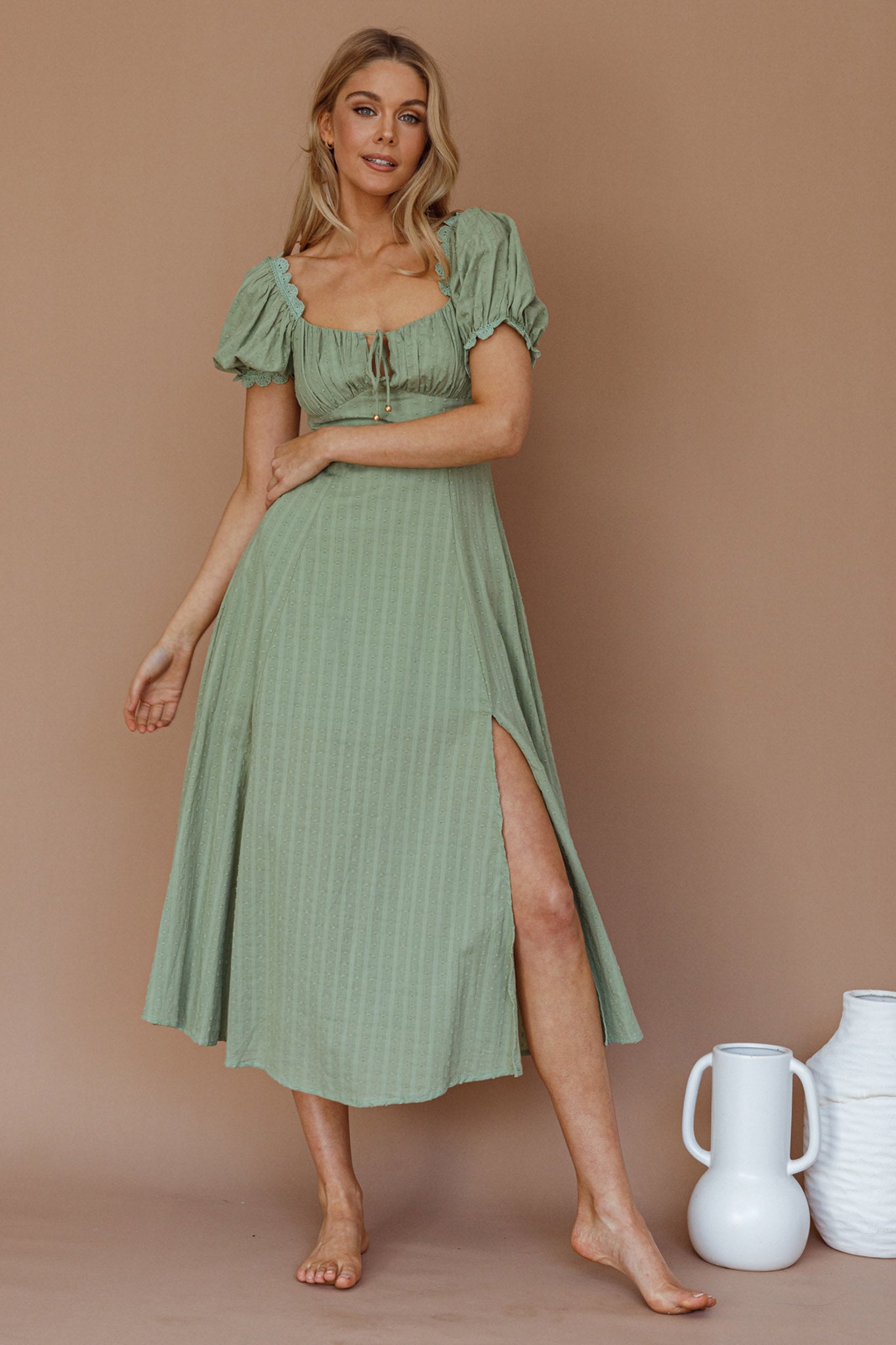 Chablis Gathered Bust Puff Sleeve Midi Dress Sage by Selfie Leslie Australia