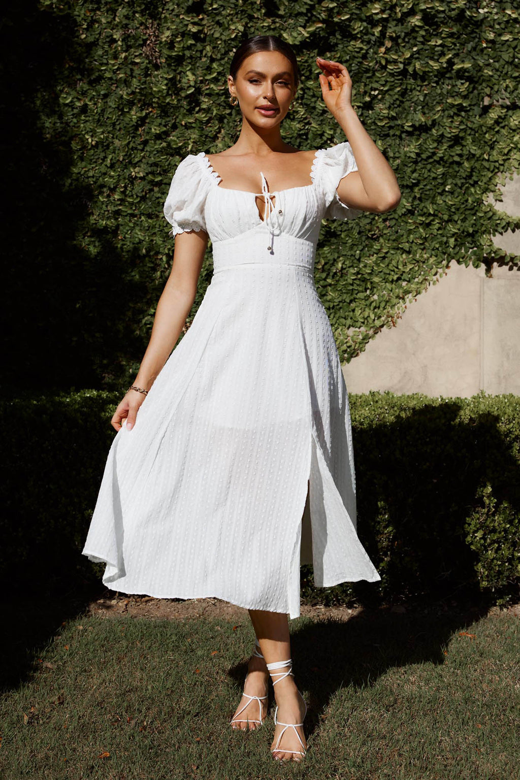 Chablis Gathered Bust Puff Sleeve Midi Dress White by Selfie Leslie