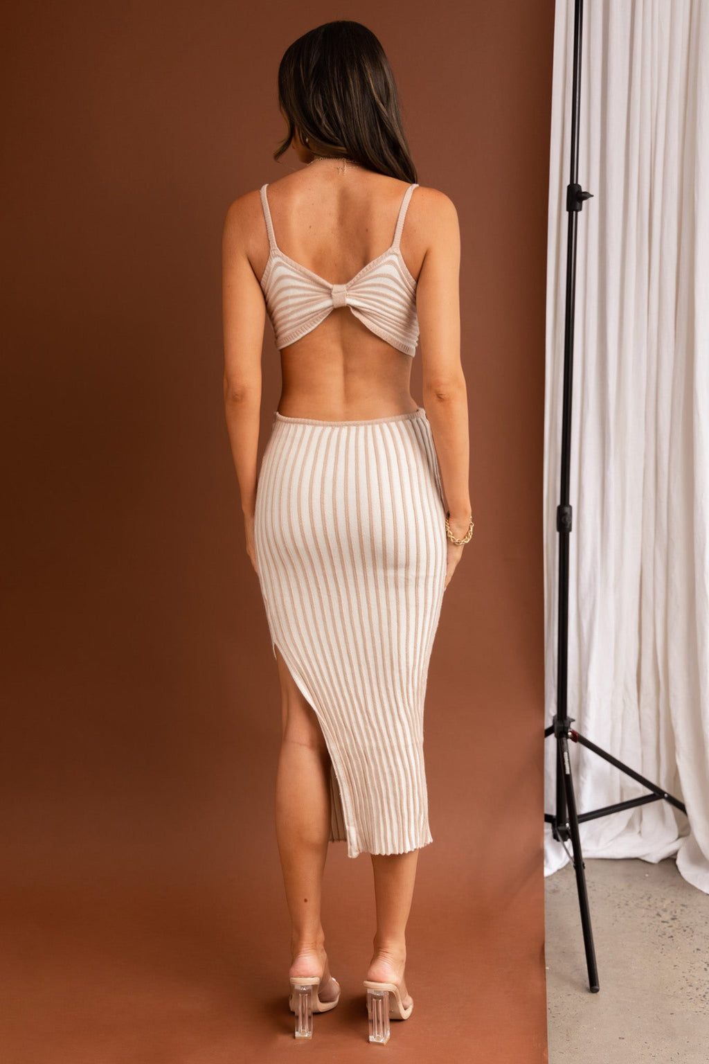 Sweepstakes Ribbed Knit Cut-Out Bodice Midi Dress Striped Beige by Selfie Leslie
