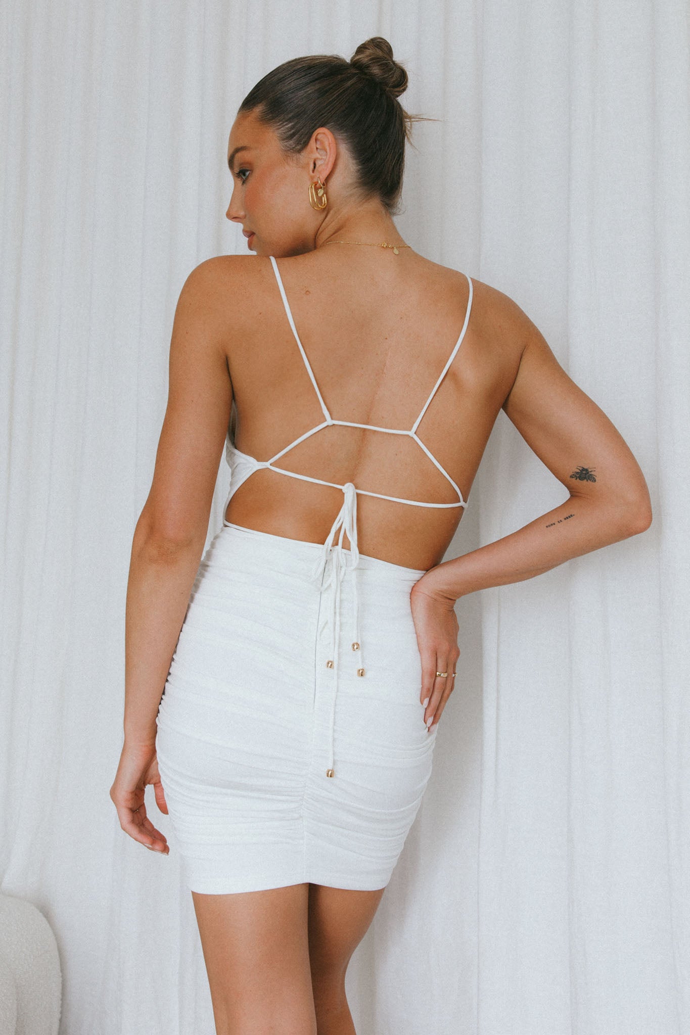 Shake It Up Ruched Mini Dress Off White by Selfie Leslie Australia