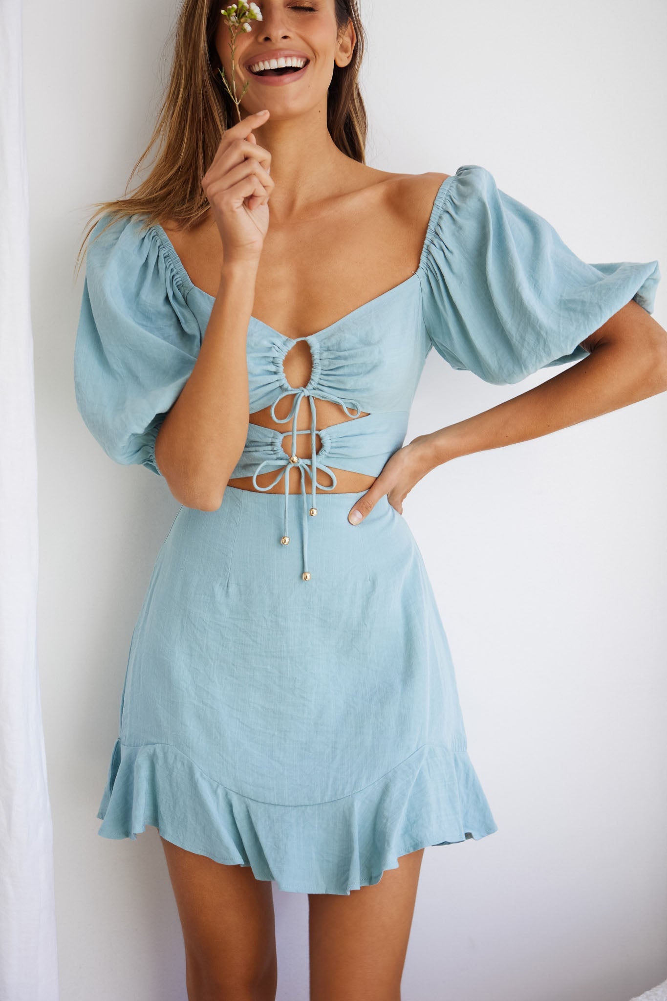 Alma Drawstring Circle Bust Puff Sleeve Mini Dress Sage by Selfie Leslie