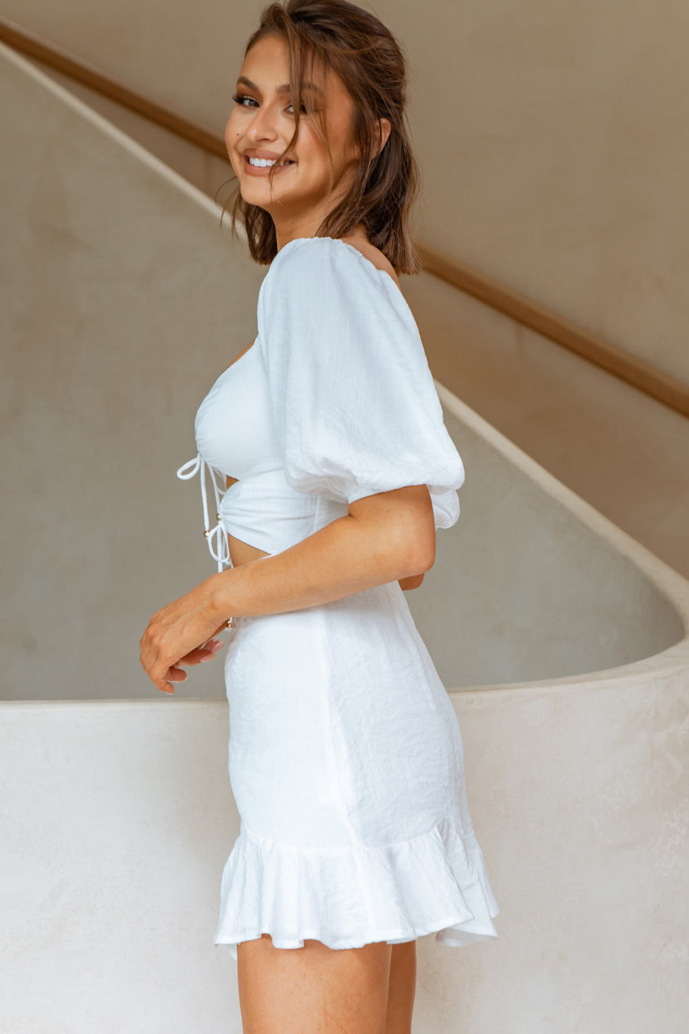 Alma Drawstring Circle Bust Puff Sleeve Mini Dress White by Selfie Leslie