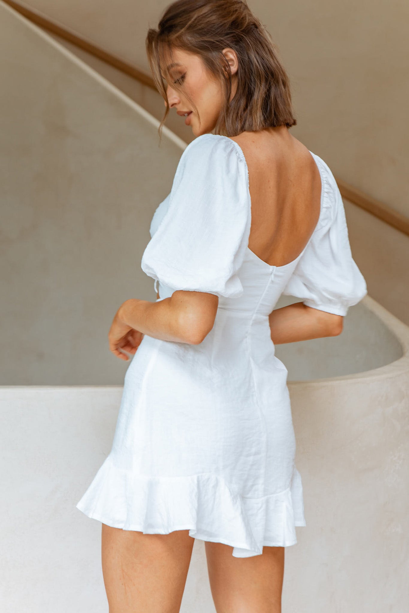 Alma Drawstring Circle Bust Puff Sleeve Mini Dress White by Selfie Leslie