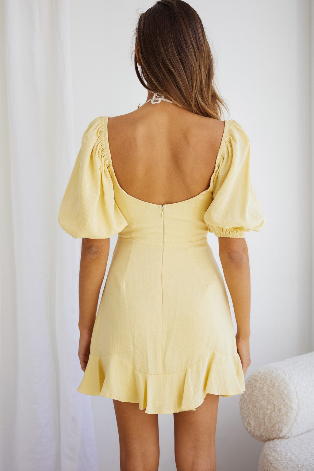 Alma Drawstring Circle Bust Puff Sleeve Mini Dress Yellow by Selfie Leslie
