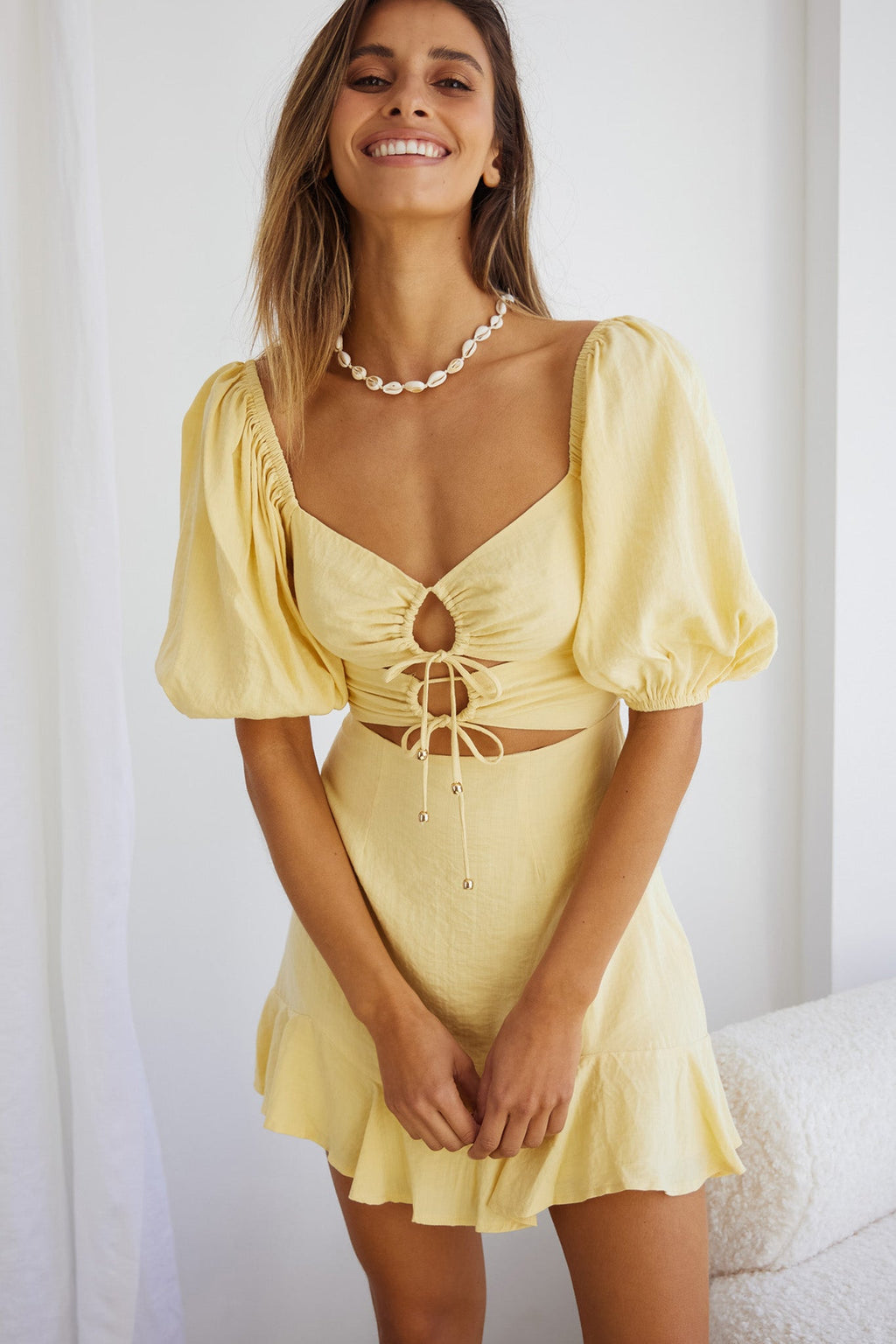 Alma Drawstring Circle Bust Puff Sleeve Mini Dress Yellow by Selfie Leslie