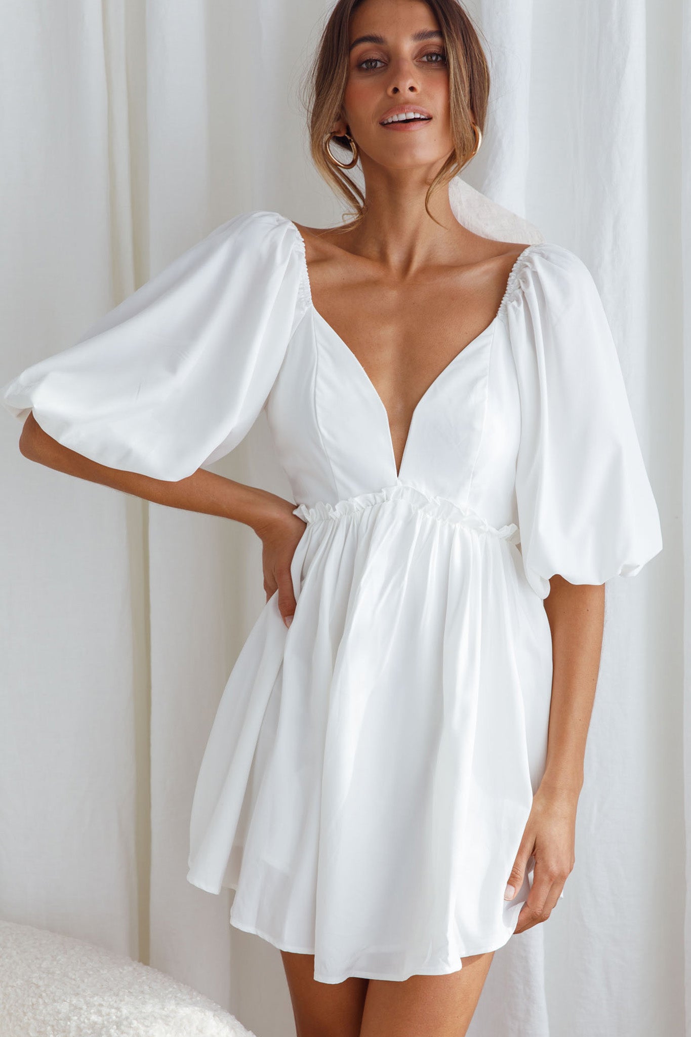 Always Dreaming Puff Sleeve Structured V-Neckline Mini Dress White by Selfie Leslie