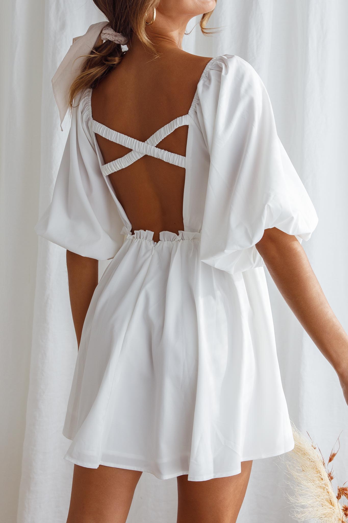 Always Dreaming Puff Sleeve Structured V-Neckline Mini Dress White by Selfie Leslie