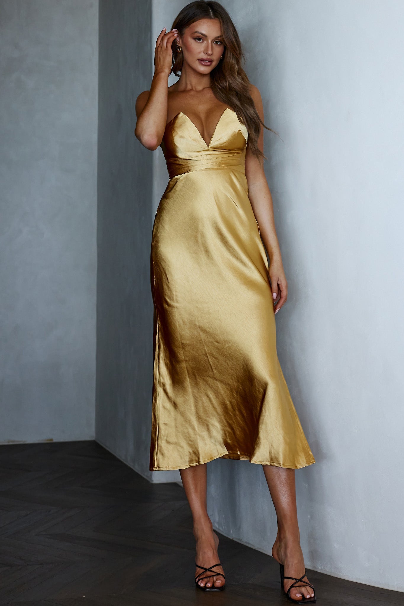 Ma Jolie Strapless Midi Dress Gold by Selfie Leslie