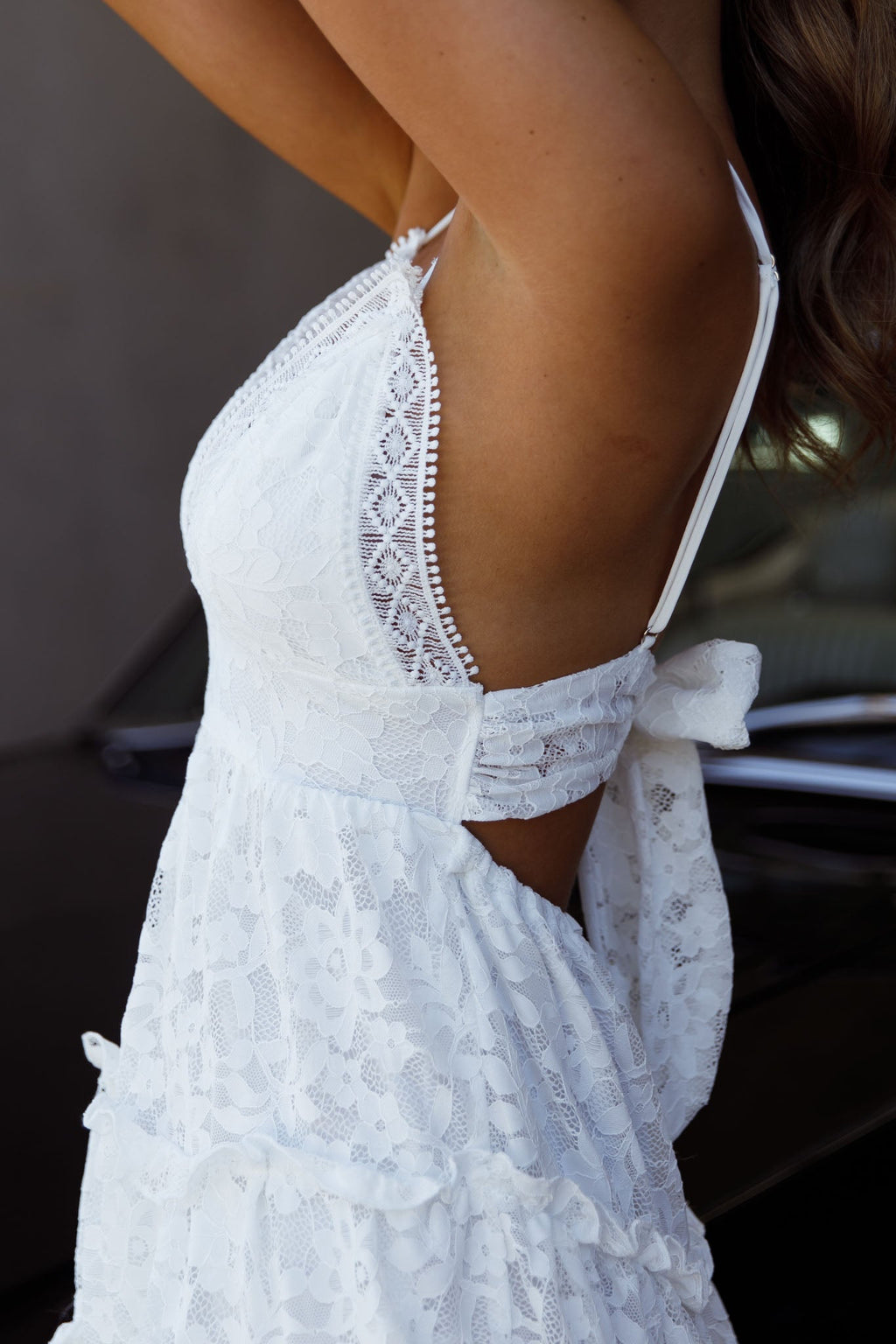Sunshine Morning Crochet Lace Frill Trim Tied Back Lace Mini Dress White by Selfie Leslie