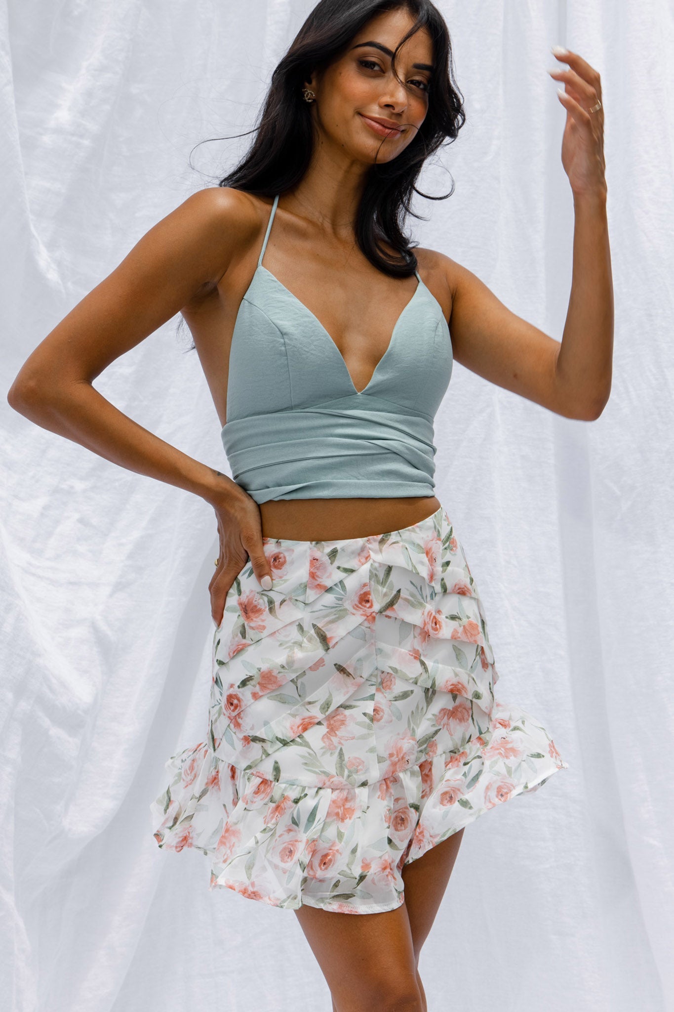 Versa Pintuck Pleat Ruffle Hem Skirt Floral Print White by Selfie Leslie
