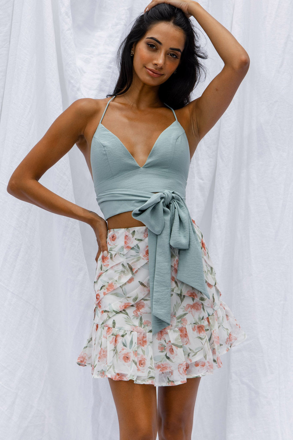 Versa Pintuck Pleat Ruffle Hem Skirt Floral Print White by Selfie Leslie