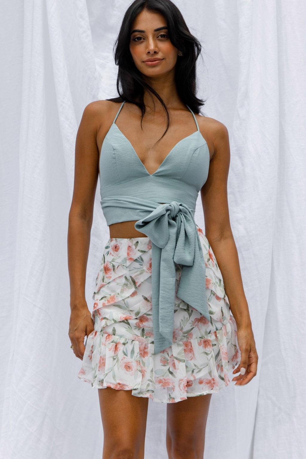 Versa Pintuck Pleat Ruffle Hem Skirt Floral Print White by Selfie Leslie