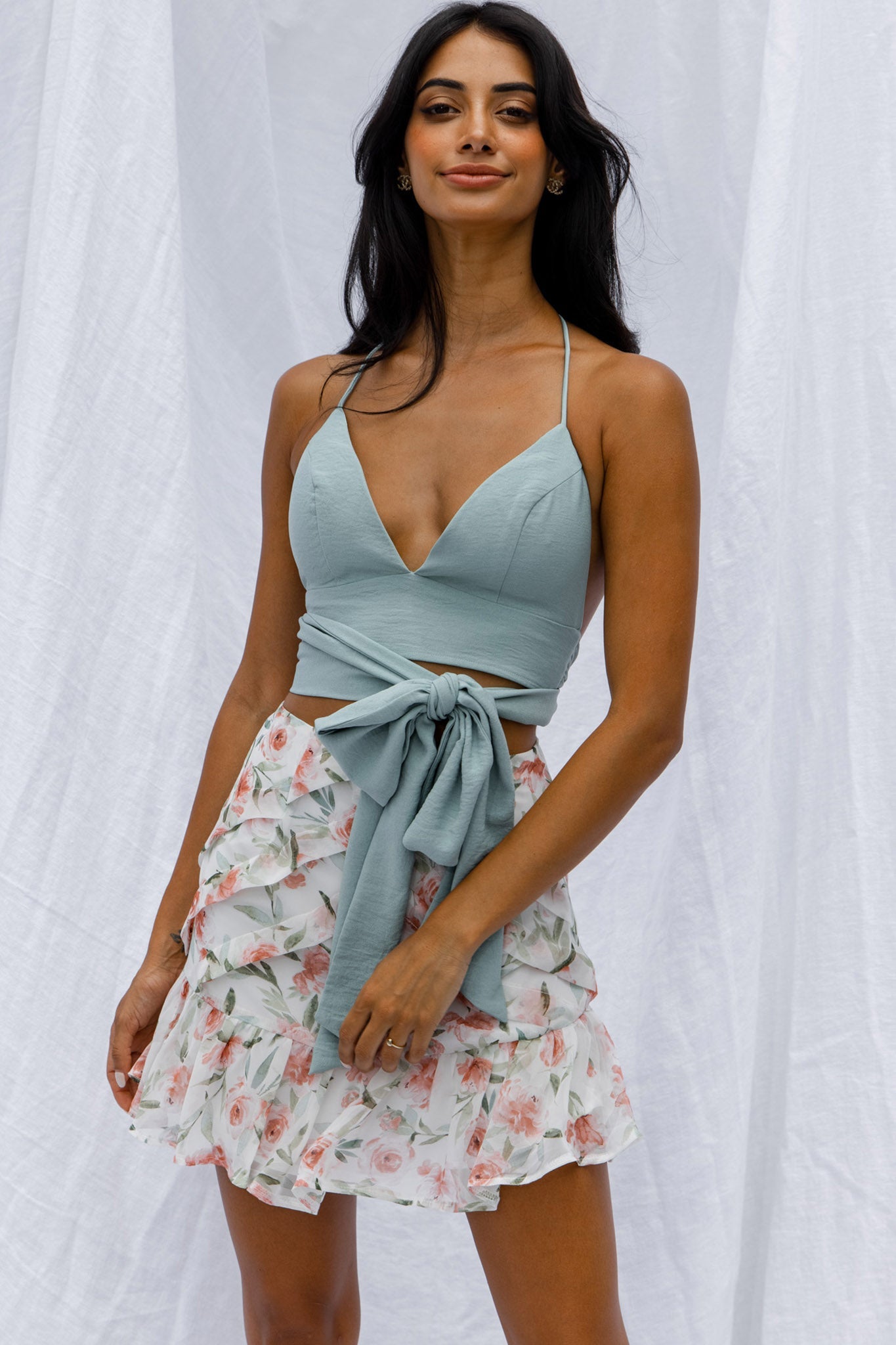 Versa Pintuck Pleat Ruffle Hem Skirt Floral Print White by Selfie Leslie