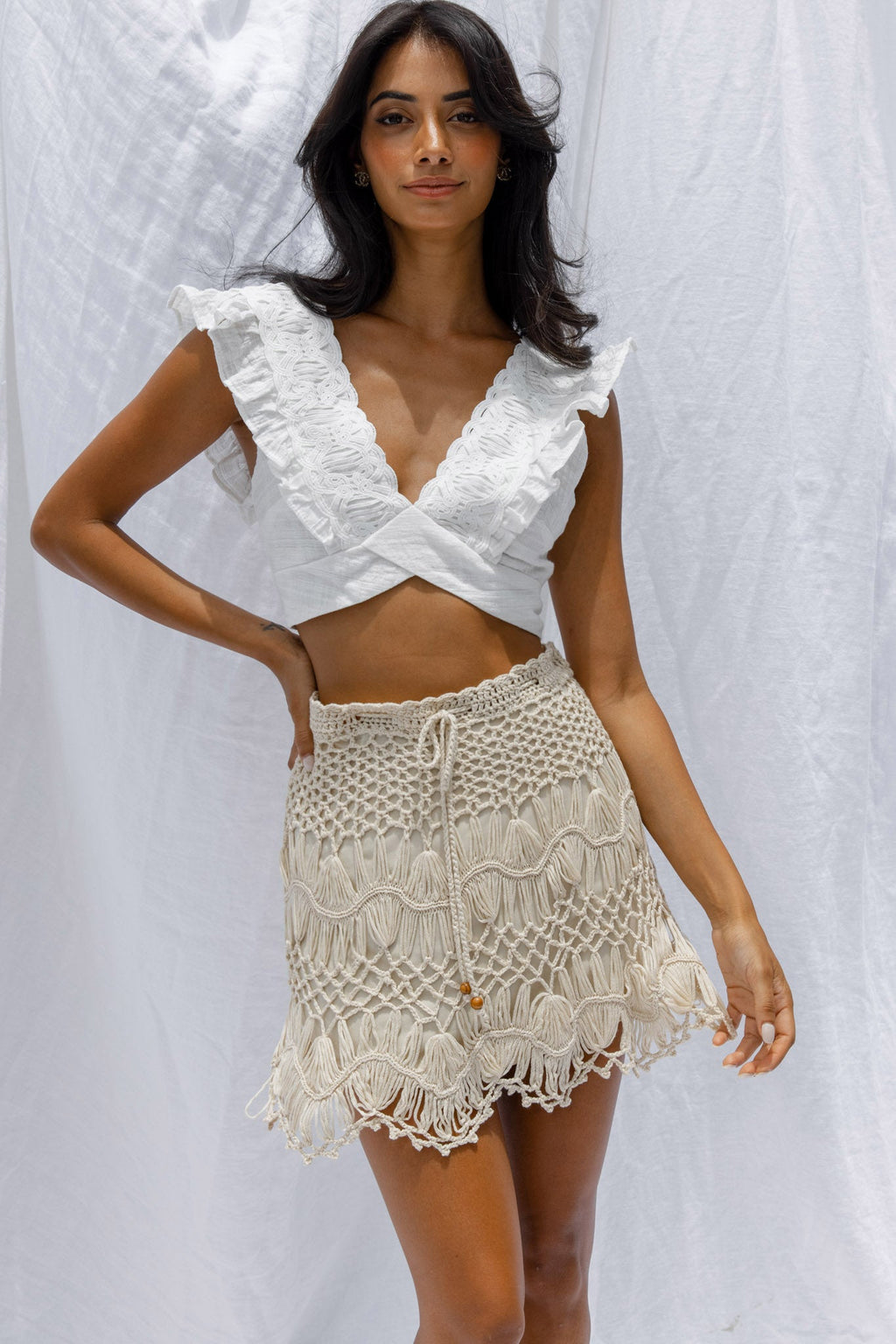 Pura Vida Crochet Mini Skirt Beige by Selfie Leslie