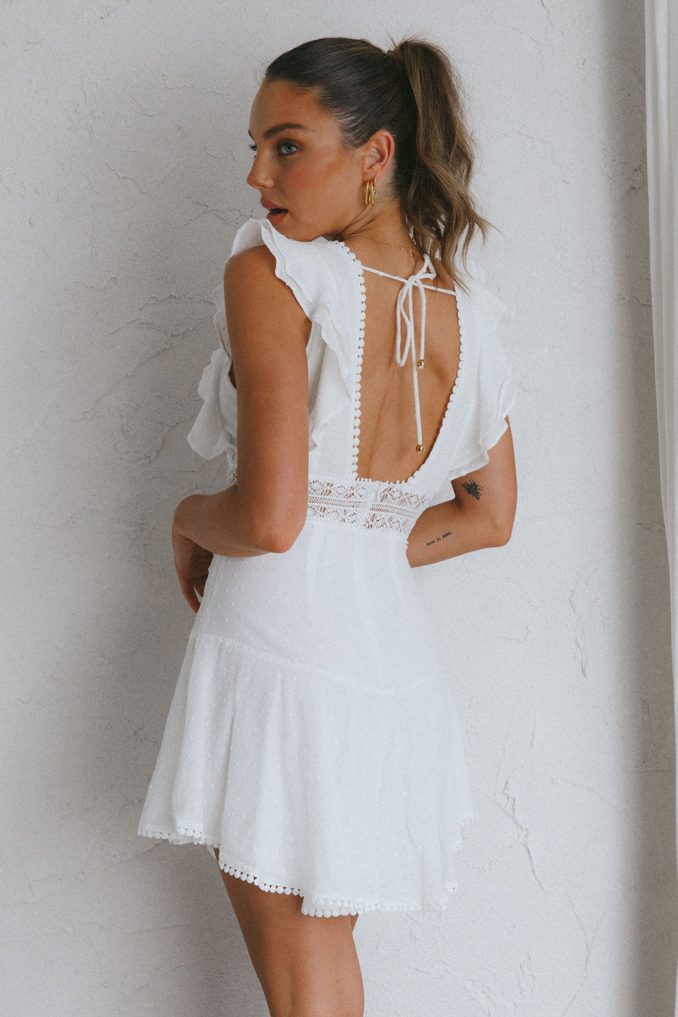 Idyllwild Ruffle Shoulder Mini Dress Off White by Selfie Leslie