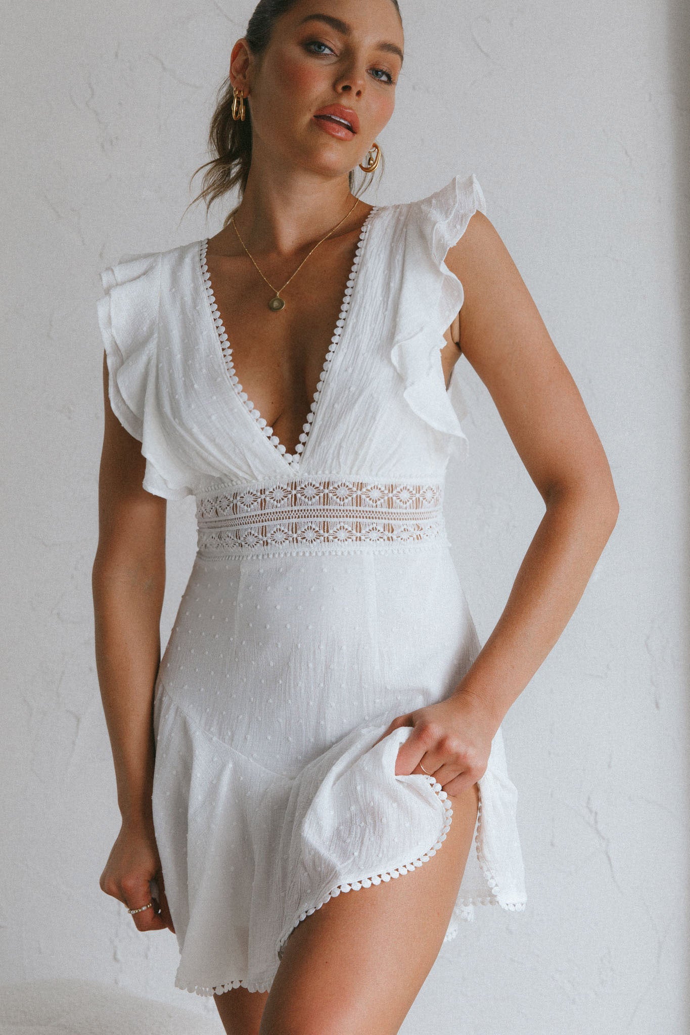 Idyllwild Ruffle Shoulder Mini Dress Off White by Selfie Leslie