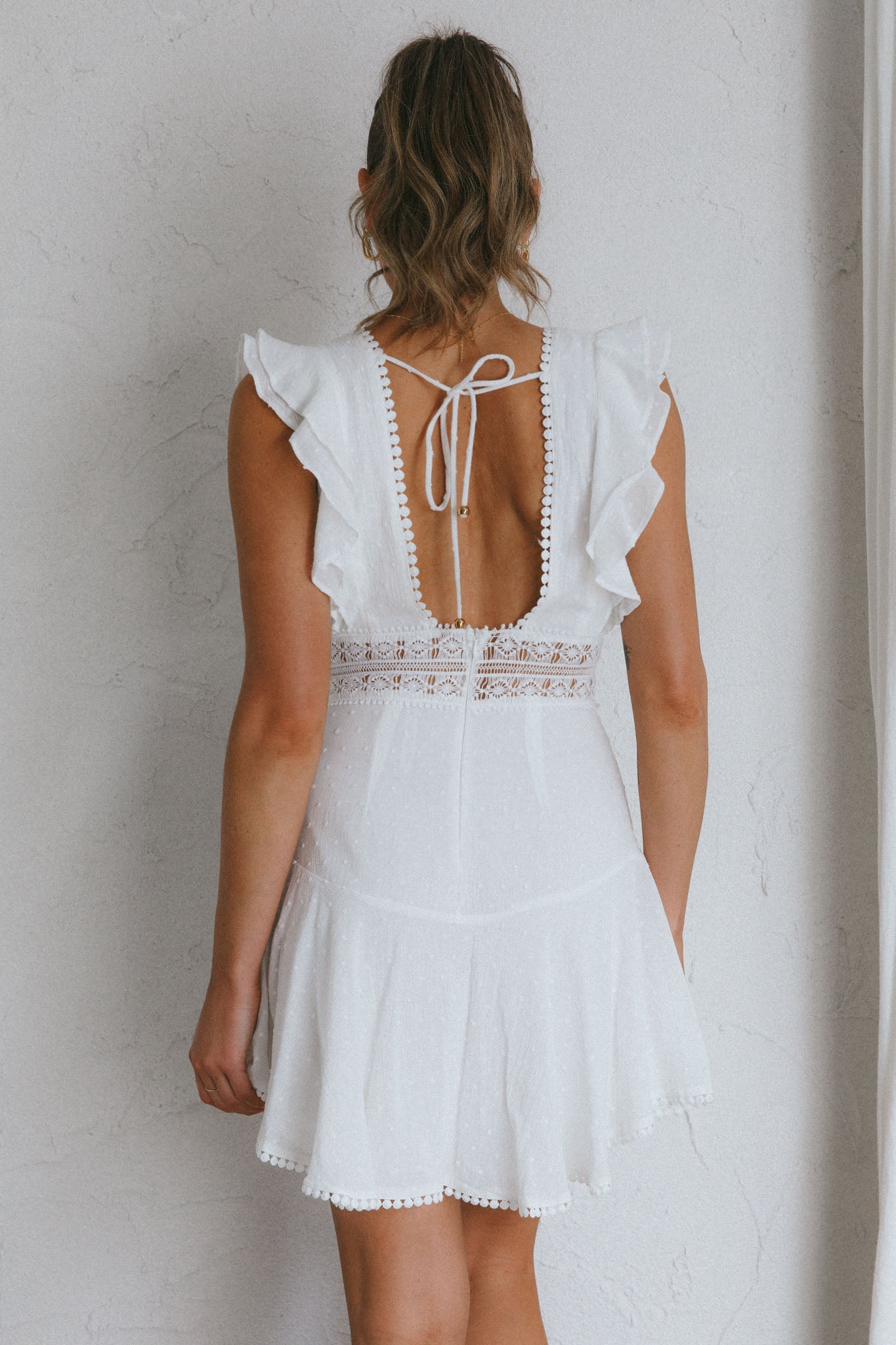 Idyllwild Ruffle Shoulder Mini Dress Off White by Selfie Leslie