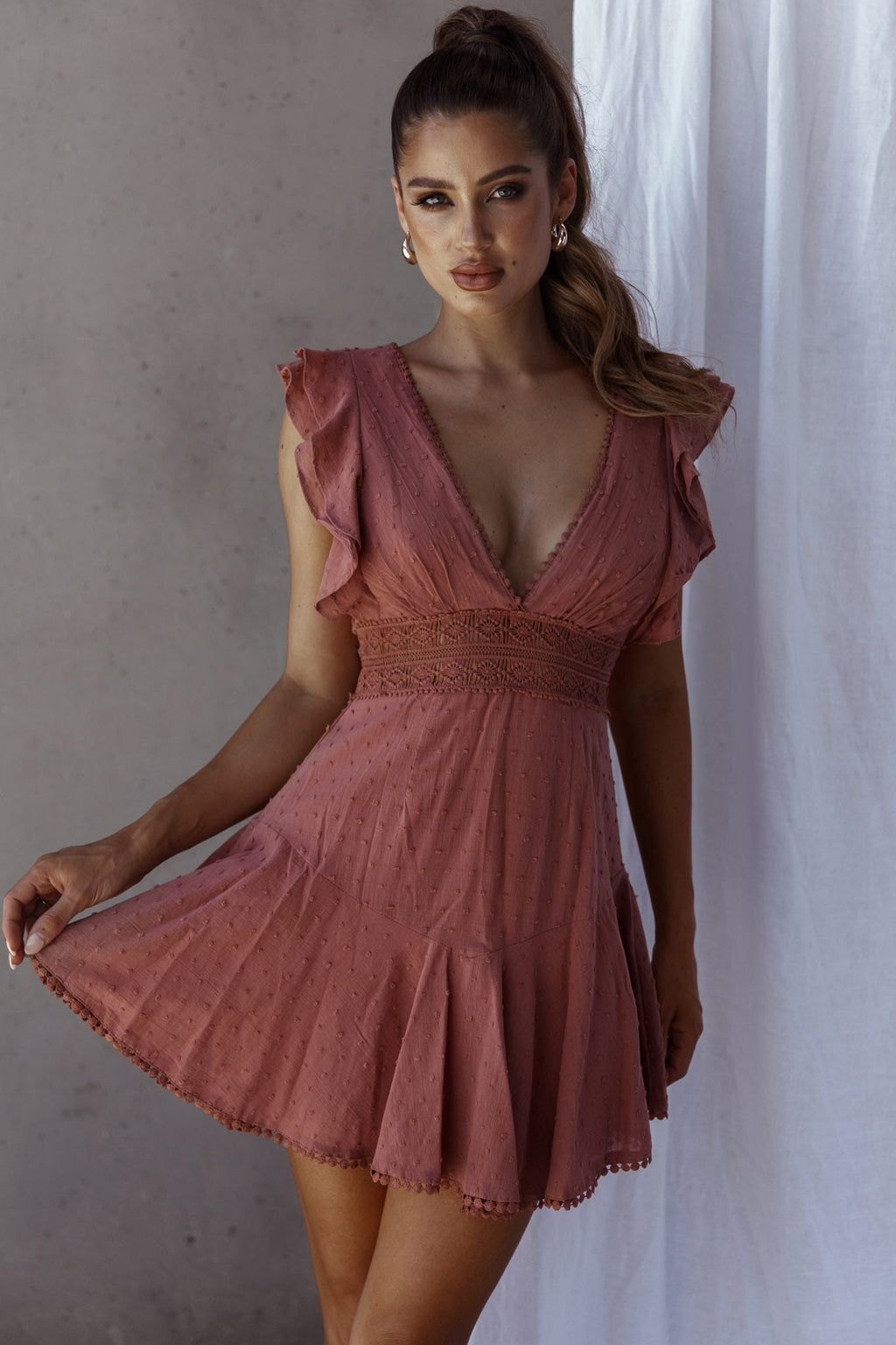 Idyllwild Ruffle Shoulder Mini Dress Rose by Selfie Leslie