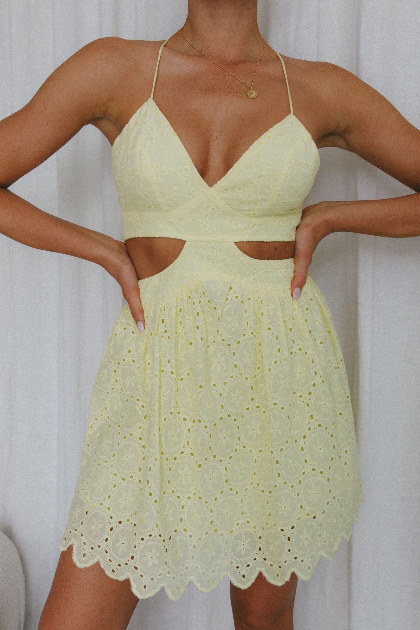 Sloane Eyelet Embroidery Cut-Out Mini Dress Lemon by Selfie Leslie