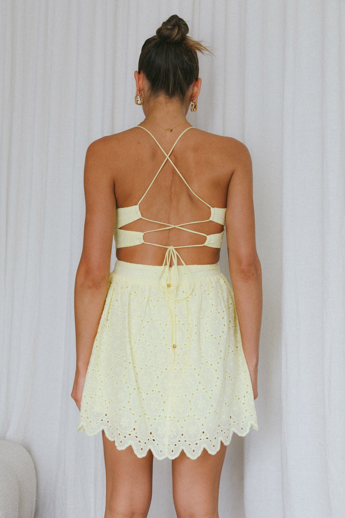 Sloane Eyelet Embroidery Cut-Out Mini Dress Lemon by Selfie Leslie