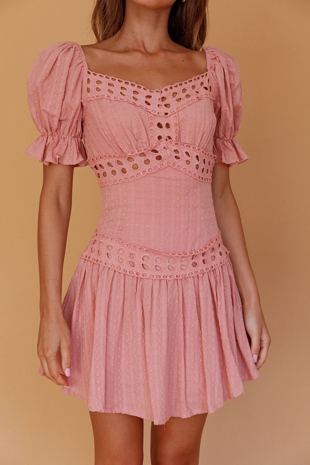 Elowen Lace Trim Puff Sleeve Mini Dress Blush by Selfie Leslie Australia