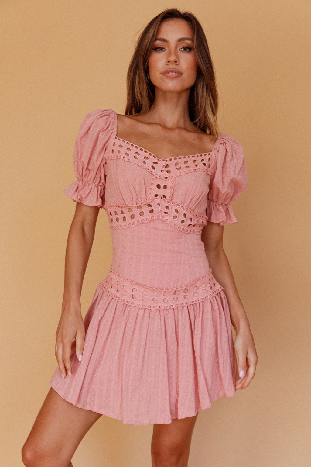Elowen Lace Trim Puff Sleeve Mini Dress Blush by Selfie Leslie Australia