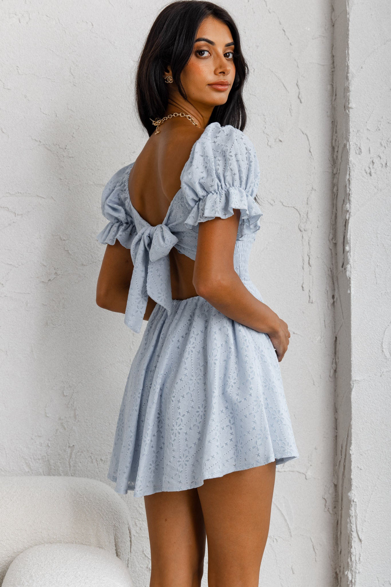 Buongiorno Bella Shirred Lace Up Bodice Mini Dress Blue by Selfie Leslie