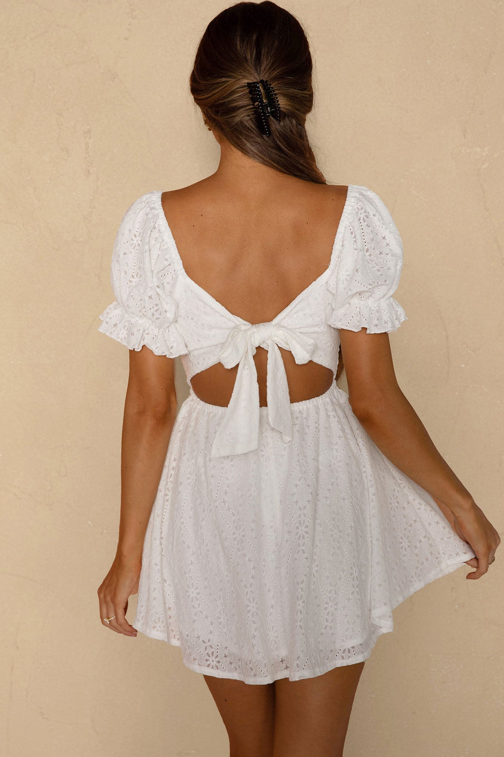 Buongiorno Bella Shirred Lace Up Bodice Mini Dress White by Selfie Leslie