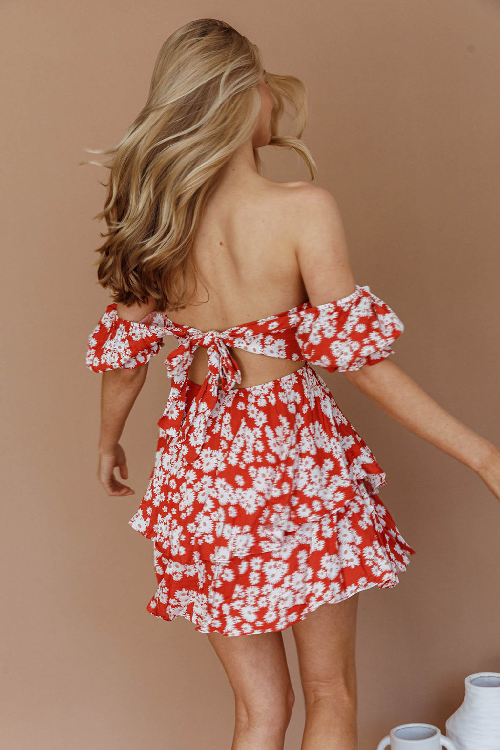 Buongiorno Bella Shirred Lace Up Mini Dress Floral Red by Selfie Leslie Australia