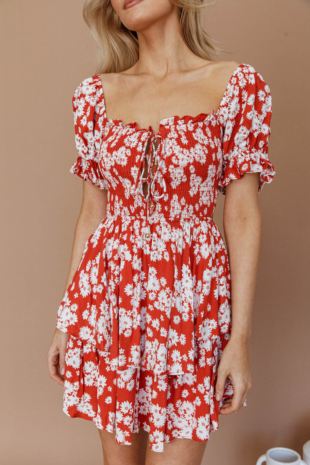 Buongiorno Bella Shirred Lace Up Mini Dress Floral Red by Selfie Leslie Australia
