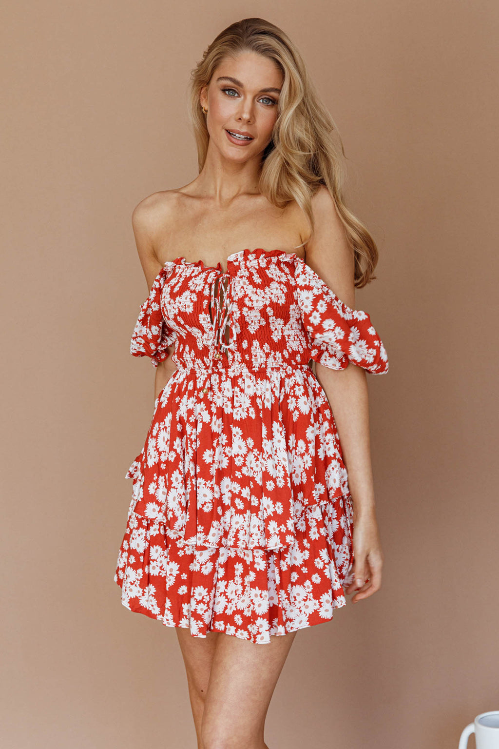 Buongiorno Bella Shirred Lace Up Mini Dress Floral Red by Selfie Leslie Australia