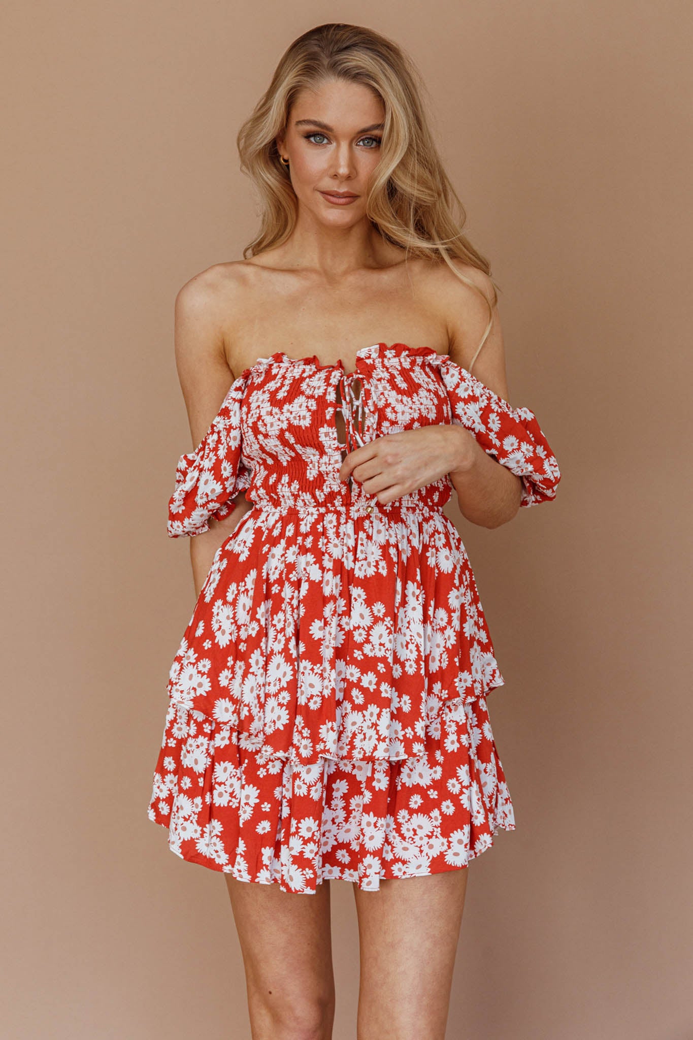Buongiorno Bella Shirred Lace Up Mini Dress Floral Red by Selfie Leslie Australia