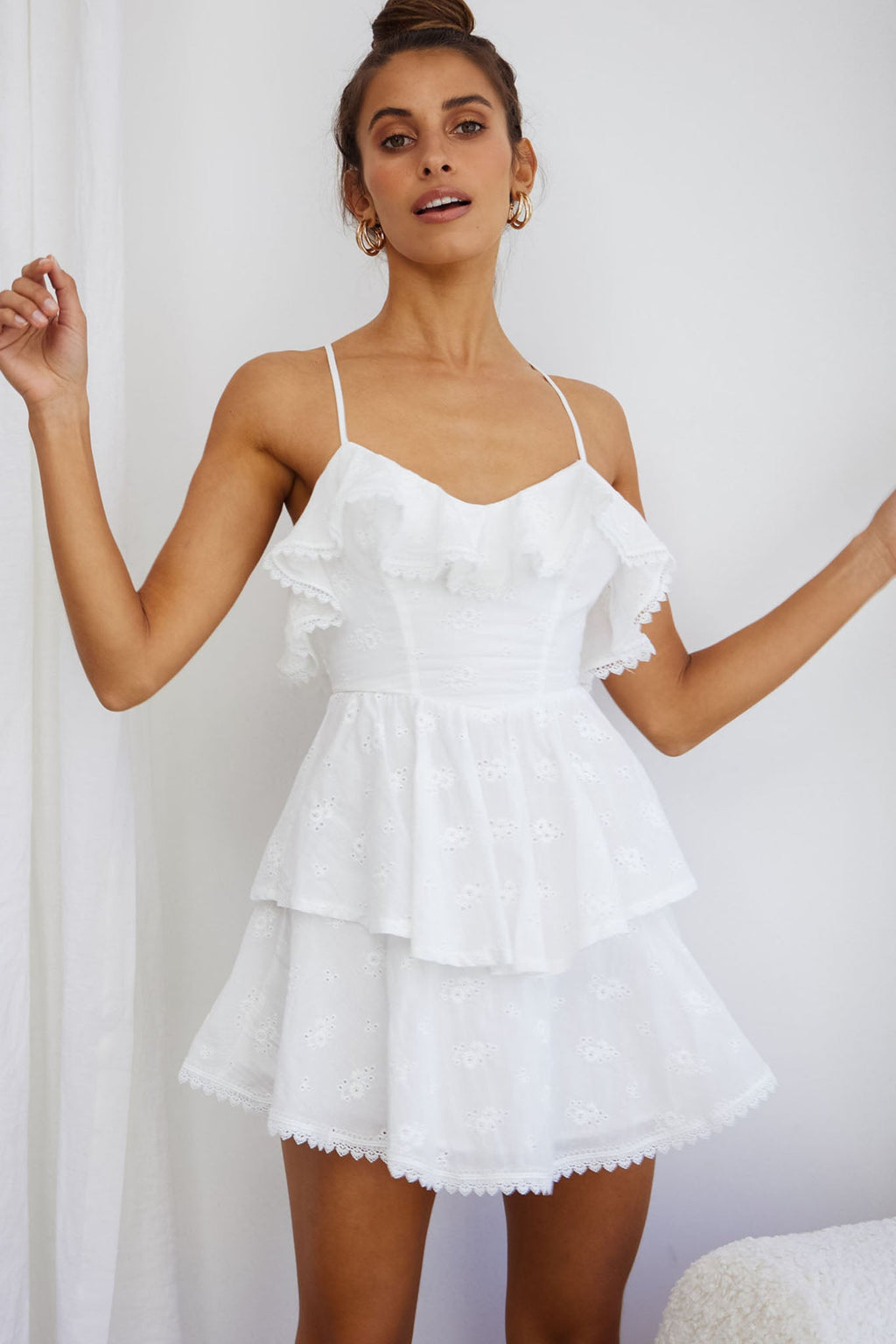 Tameka Ruffle Trim Layered Hem Eyelet Dress White by Selfie Leslie