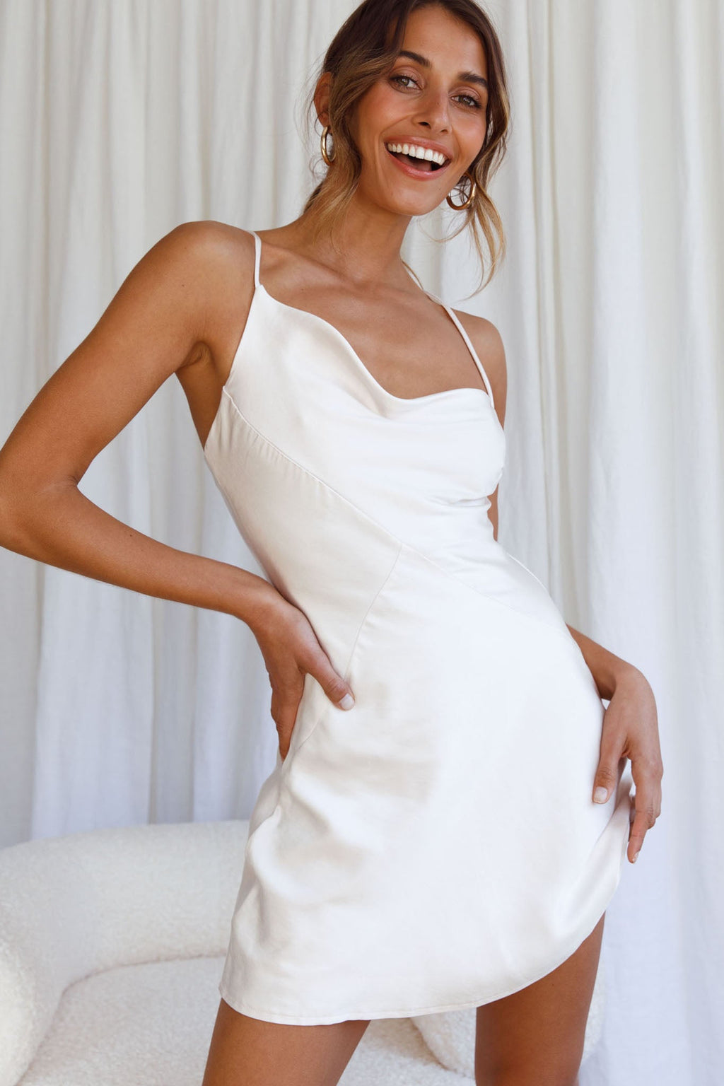 Sorrento Asymmetrical Neckline Mini Slip Dress Champagne by Selfie Leslie