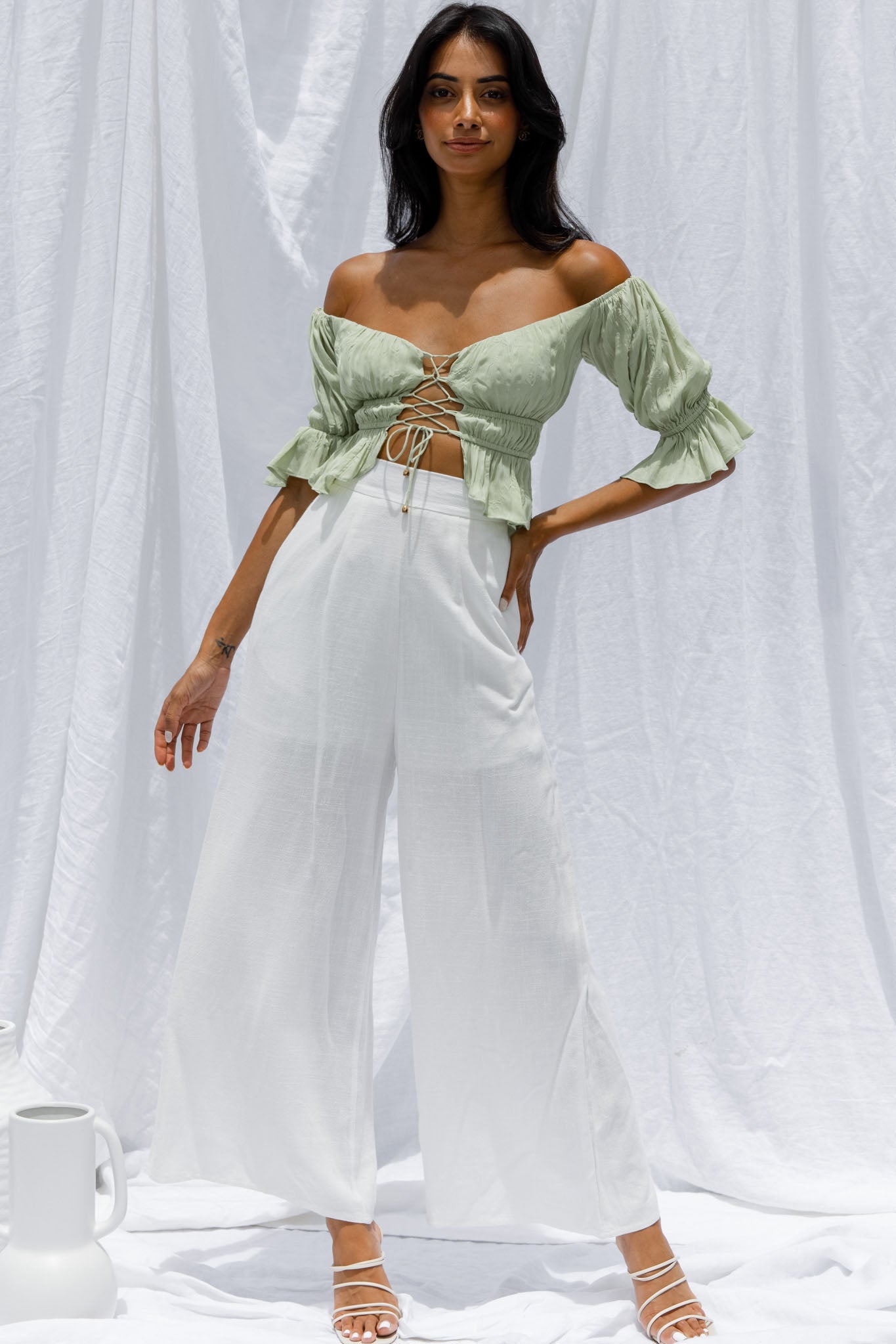 La Romana High Waisted Wide Leg Pants White by Selfie Leslie