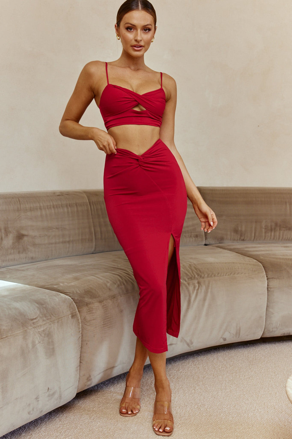 One Night Only Twist Waist Split Midi Skirt Wine by Selfie Leslie