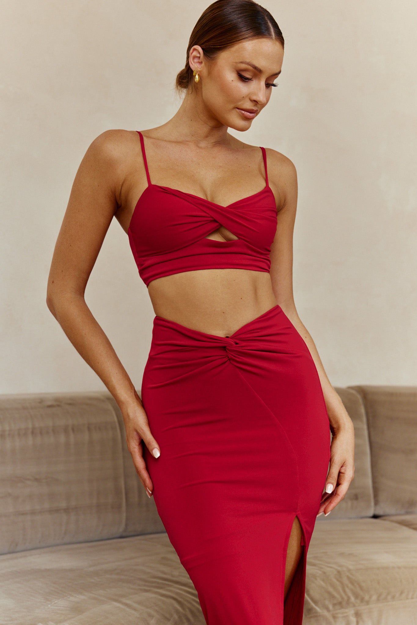 One Night Only Twist Waist Split Midi Skirt Wine by Selfie Leslie