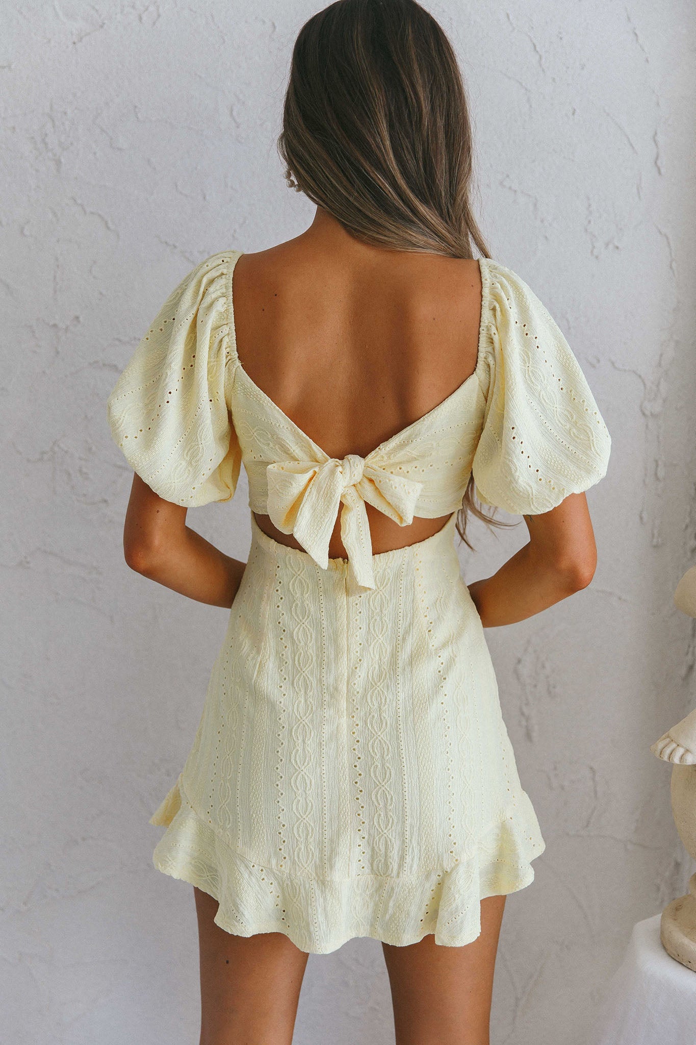 Mikayla Puff Sleeve Tied Back Eyelet Embroidery Dress Yellow by Selfie Leslie