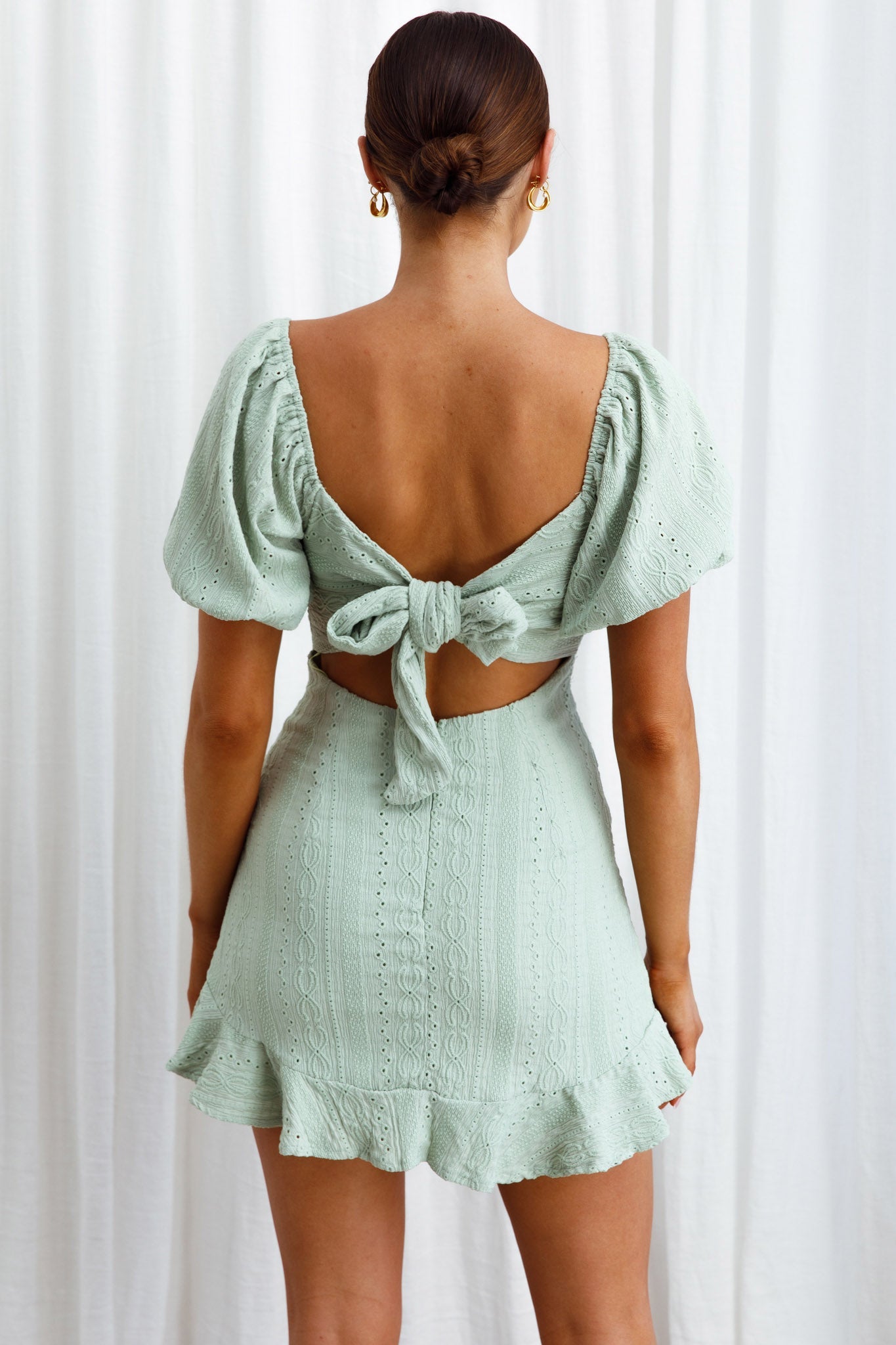 Mikayla Puff Sleeve Tied Back Eyelet Embroidery Dress Avocado by Selfie Leslie