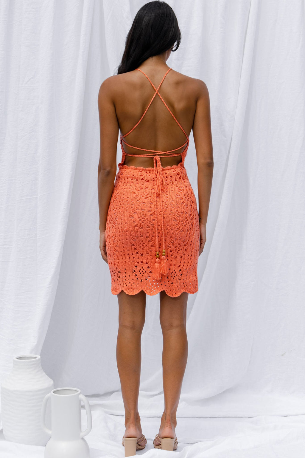 Boracay Halterneck Tie-Up Back Crochet Mini Dress Tangerine by Selfie Leslie