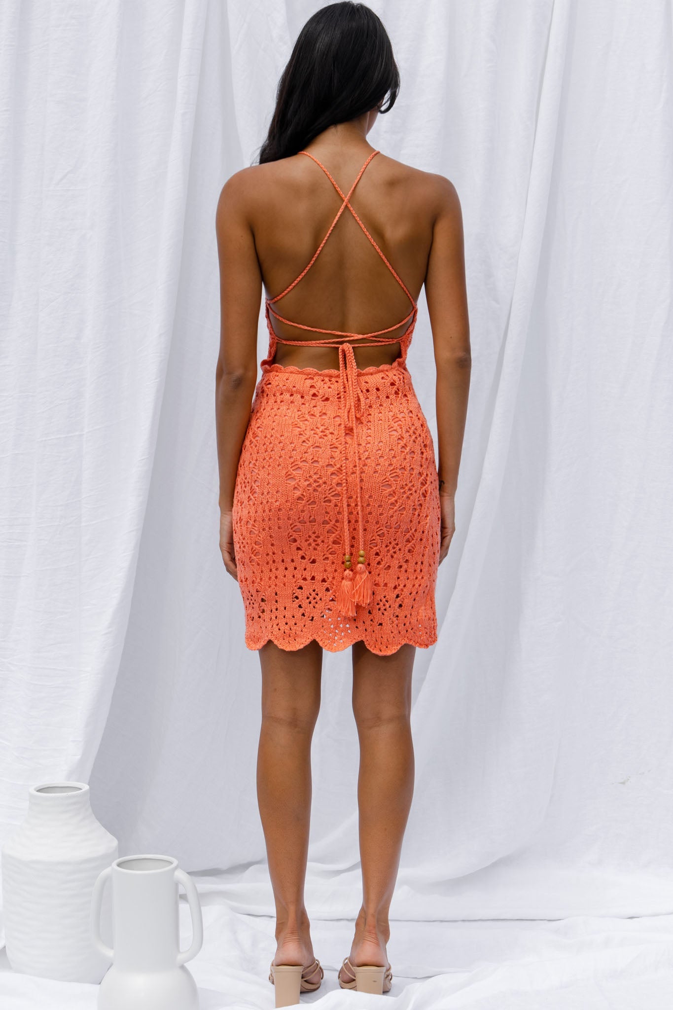 Boracay Halterneck Tie-Up Back Crochet Mini Dress Tangerine by Selfie Leslie
