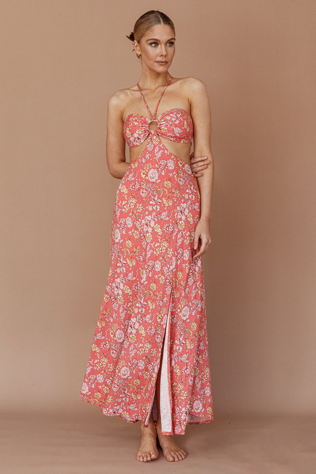 Amorcito Cut-Out Waist Midi Dress Floral Red by Selfie Leslie Australia