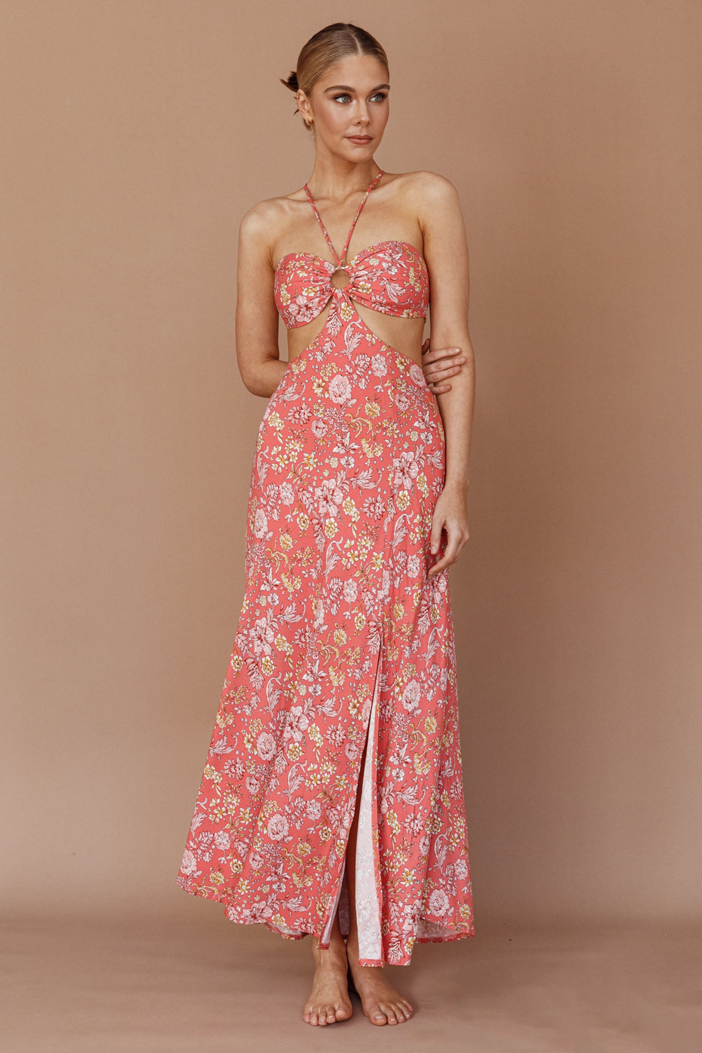 Amorcito Cut-Out Waist Midi Dress Floral Red by Selfie Leslie Australia