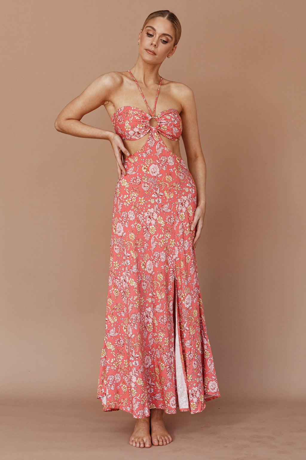 Amorcito Cut-Out Waist Midi Dress Floral Red by Selfie Leslie Australia
