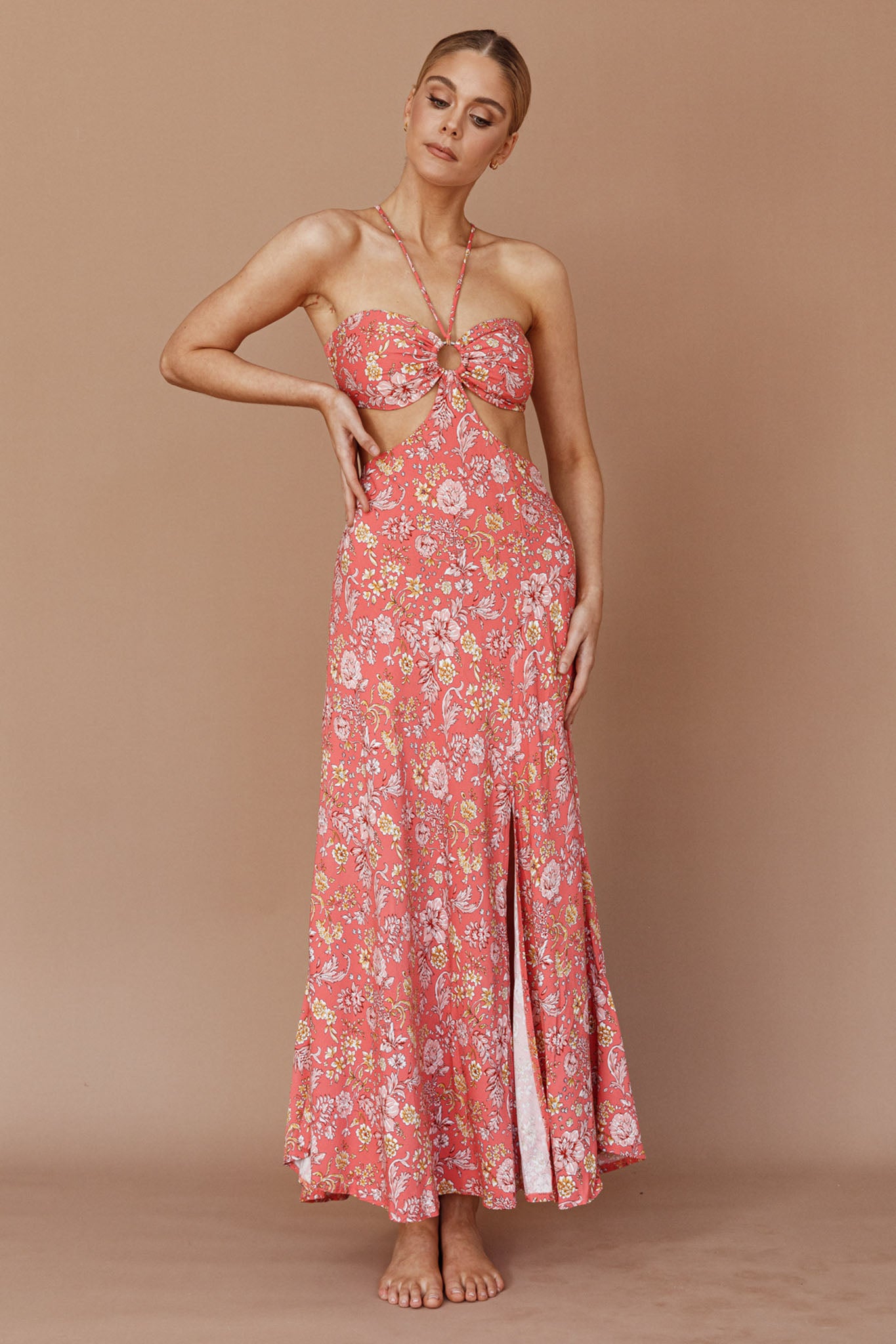Amorcito Cut-Out Waist Midi Dress Floral Red by Selfie Leslie Australia