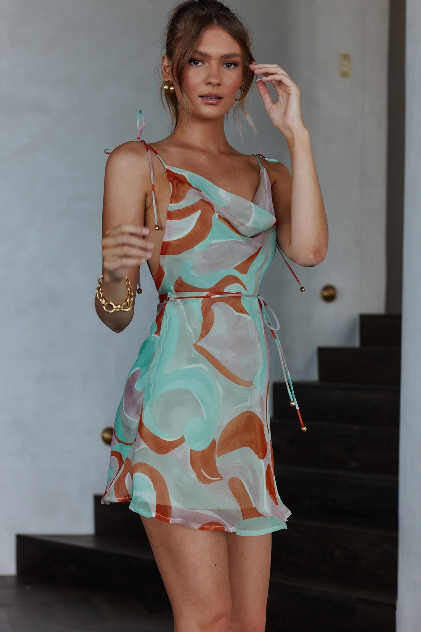 Salena String-Tie Strap Mini Dress Swirl Mint by Selfie Leslie