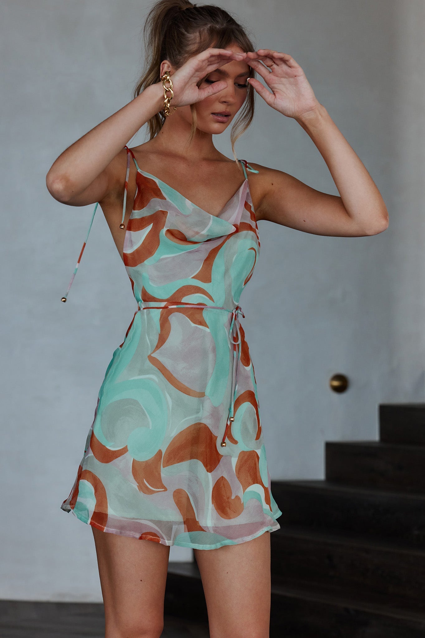 Salena String-Tie Strap Mini Dress Swirl Mint by Selfie Leslie