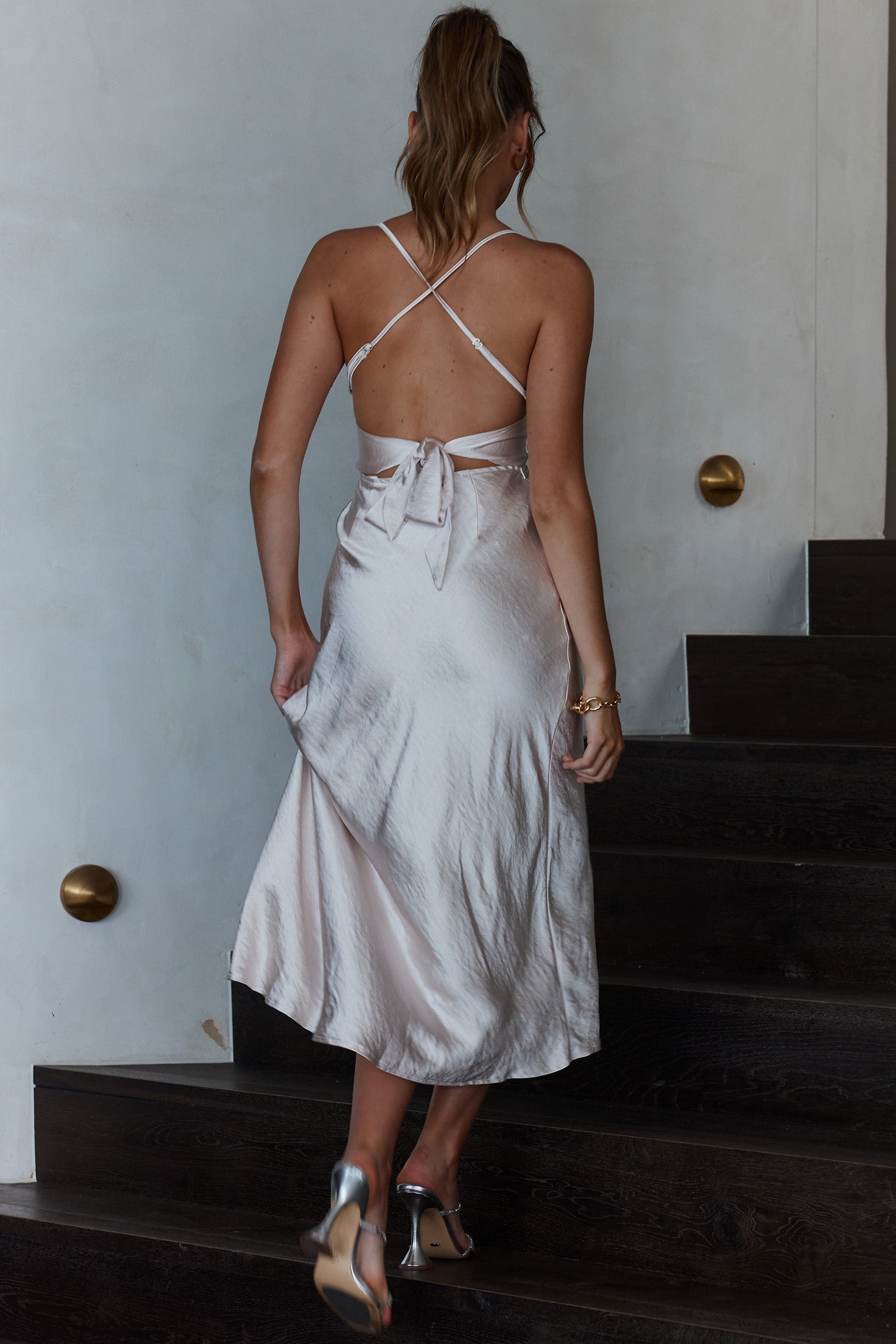 Lakoda Gathered Bust Bow Tie Back Midi Dress Champagne by Selfie Leslie